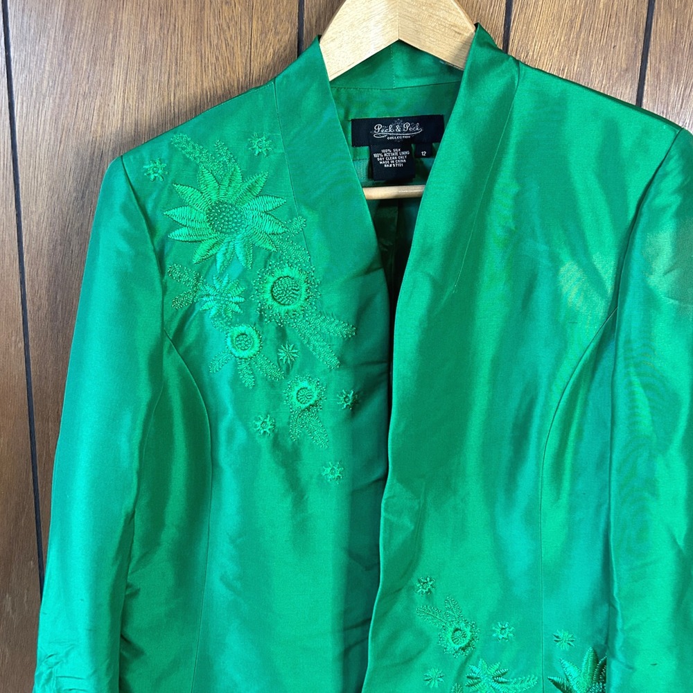 Vintage Peck & Peck Collection Emerald Green Silk Floral Embroidered Blazer Silk